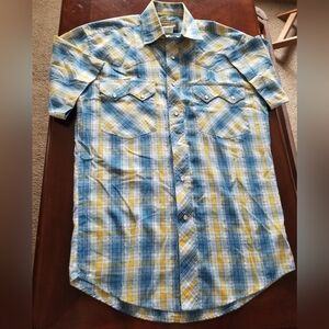 Wrangler Plaid Snap Collared Shirt in Blue and Yellow S